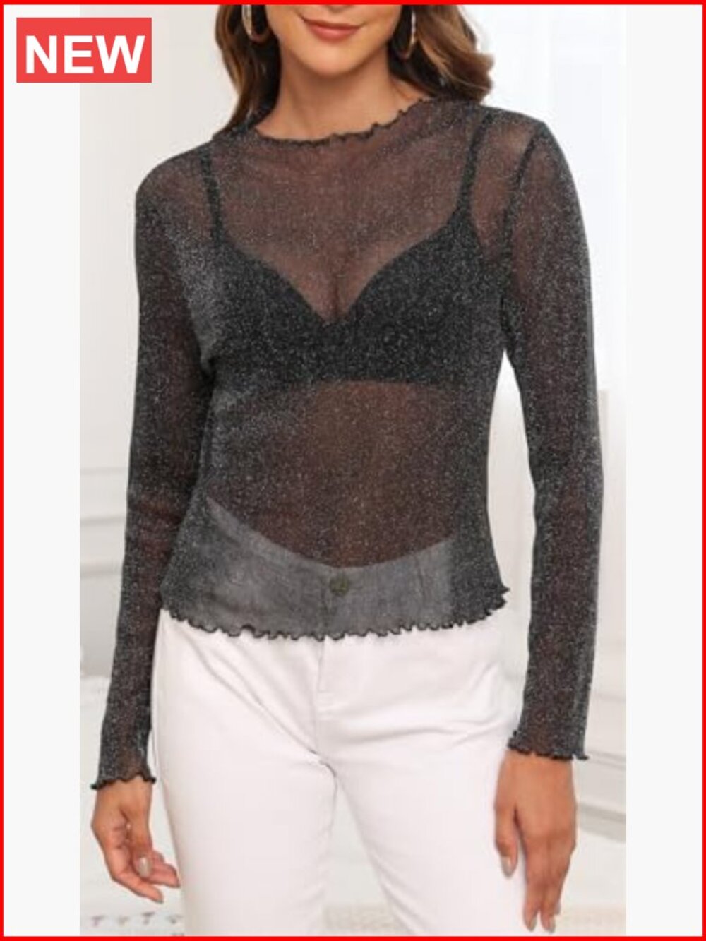 Sheer Mesh Stretchy Blouse Long Sleeve Sexy Shirt for Layering - Picture 4 of 6
